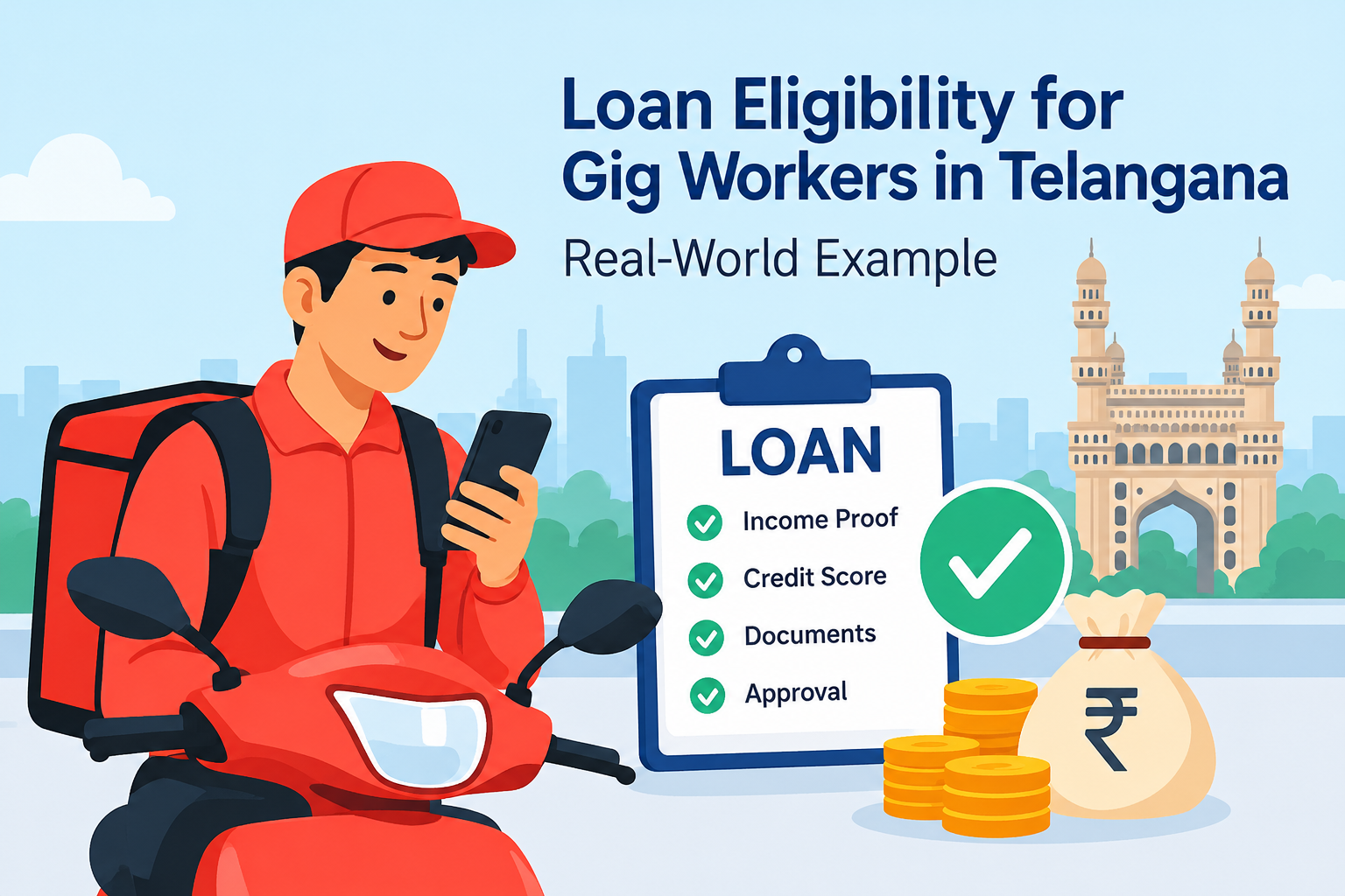 Loan eligibility for gig workers in Telangana showing a delivery partner, income proof, credit score, required documents, and loan approval checklist in Hyderabad.